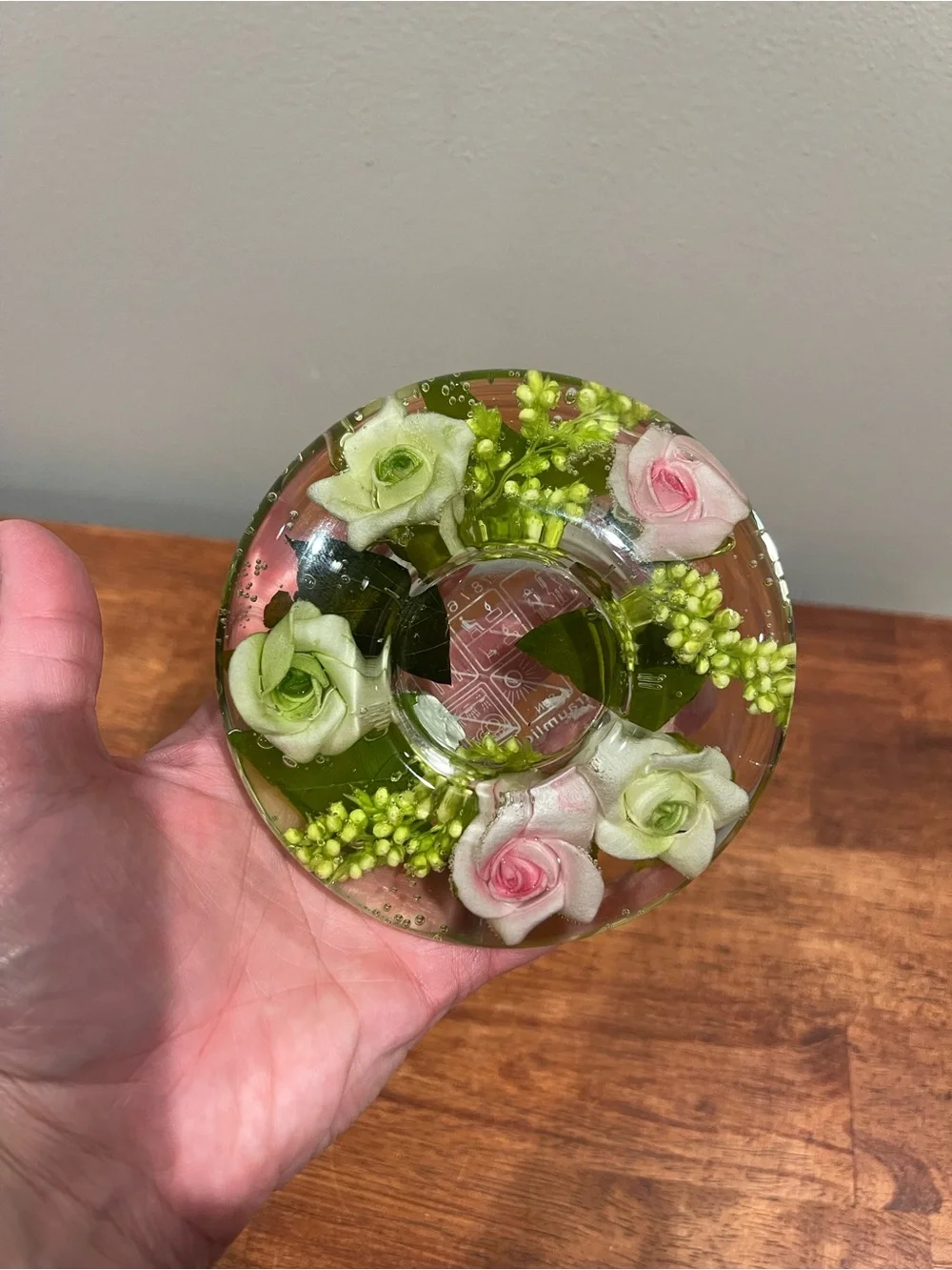 Dreamlight TraumLicht Hand Blown Glass Tealight Candle Pink Green Roses Germany